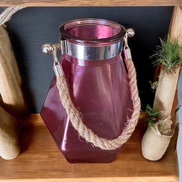 Pinkish Purple Geometric Glass Vase with Rope Handle - Picture 2 of 8